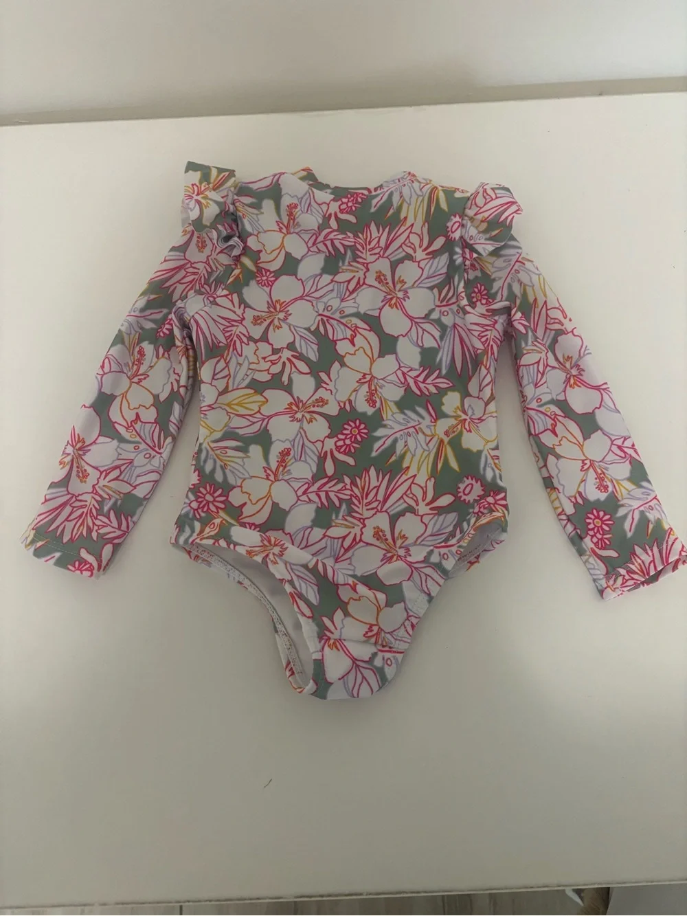Wonder Nation Girls Floral Long Sleeve One-Piece Swimsuit Ruffle Zip Front 12M
